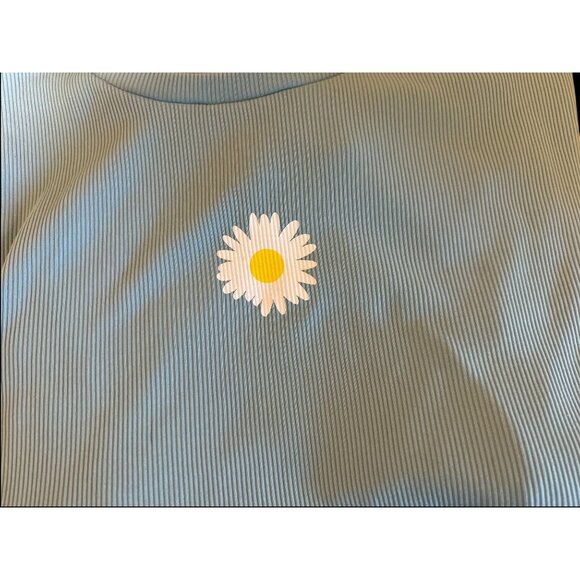 Daisy Print Ribbed Aqua Blue Long Sleeve Crewneck Top 4XL Polyester & Spandex Wo - Picture 6 of 7